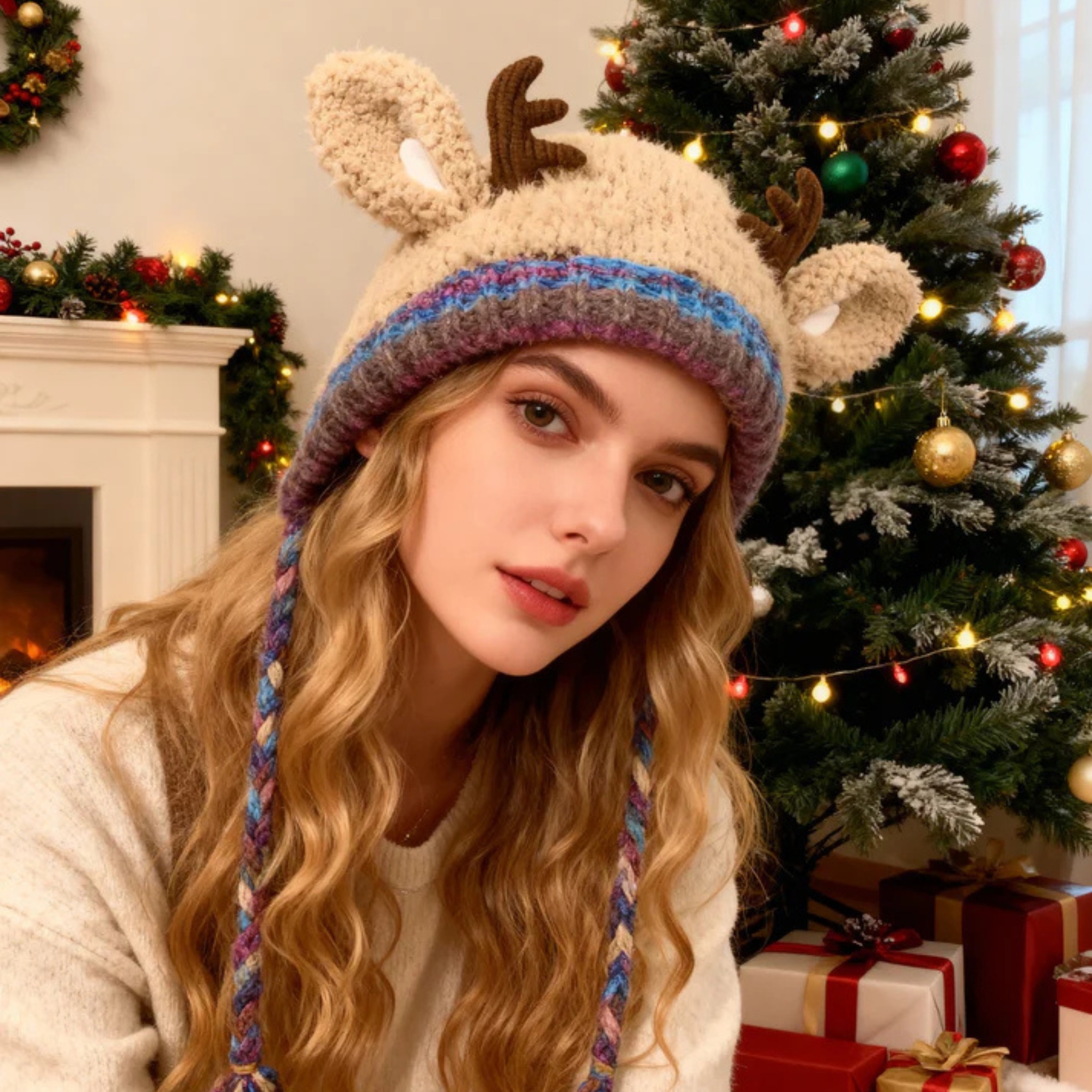 🦌🎄 Christmas Sale 49% OFF! 🧶 Original Design Handmade Festive Christmas Antler Hat  (🎁Perfect Gift)